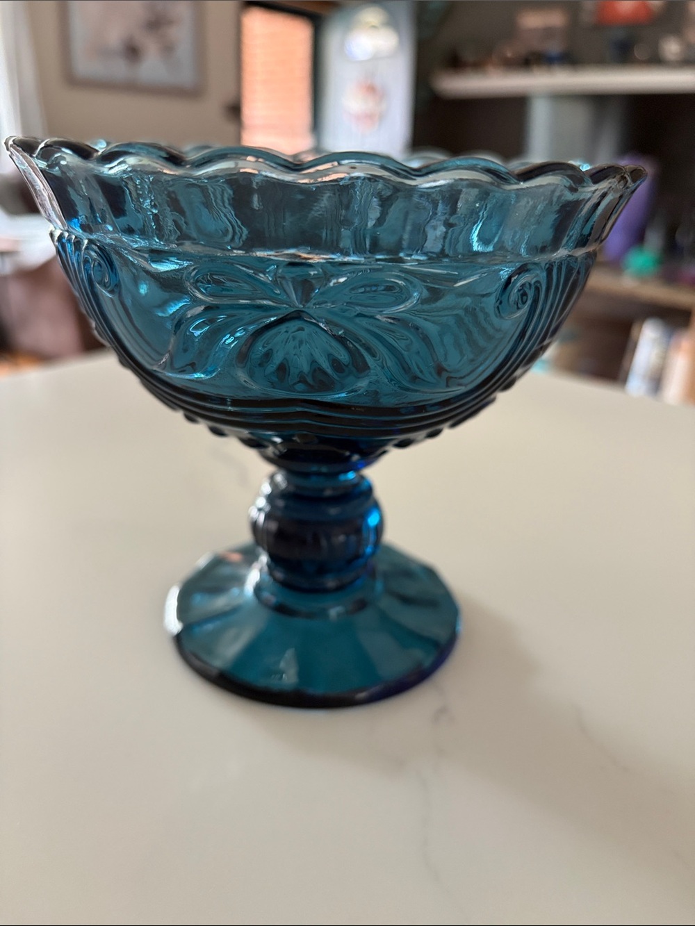 Vintage Blue Glass Compote Bowl Pedestal Bowl with Swirl Pattern